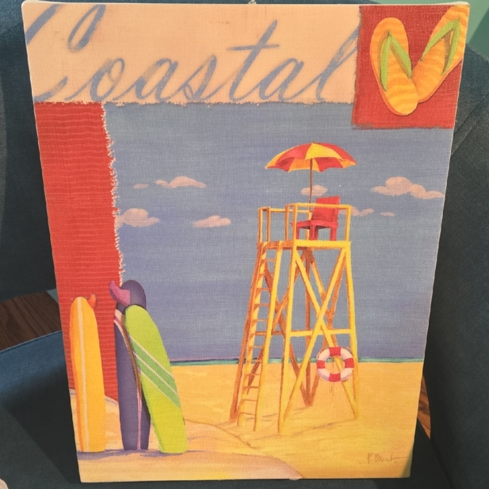 Coastal Beach Theme Wall Art Lifeguard Surf Boards Umbrella Sand Sea See Details